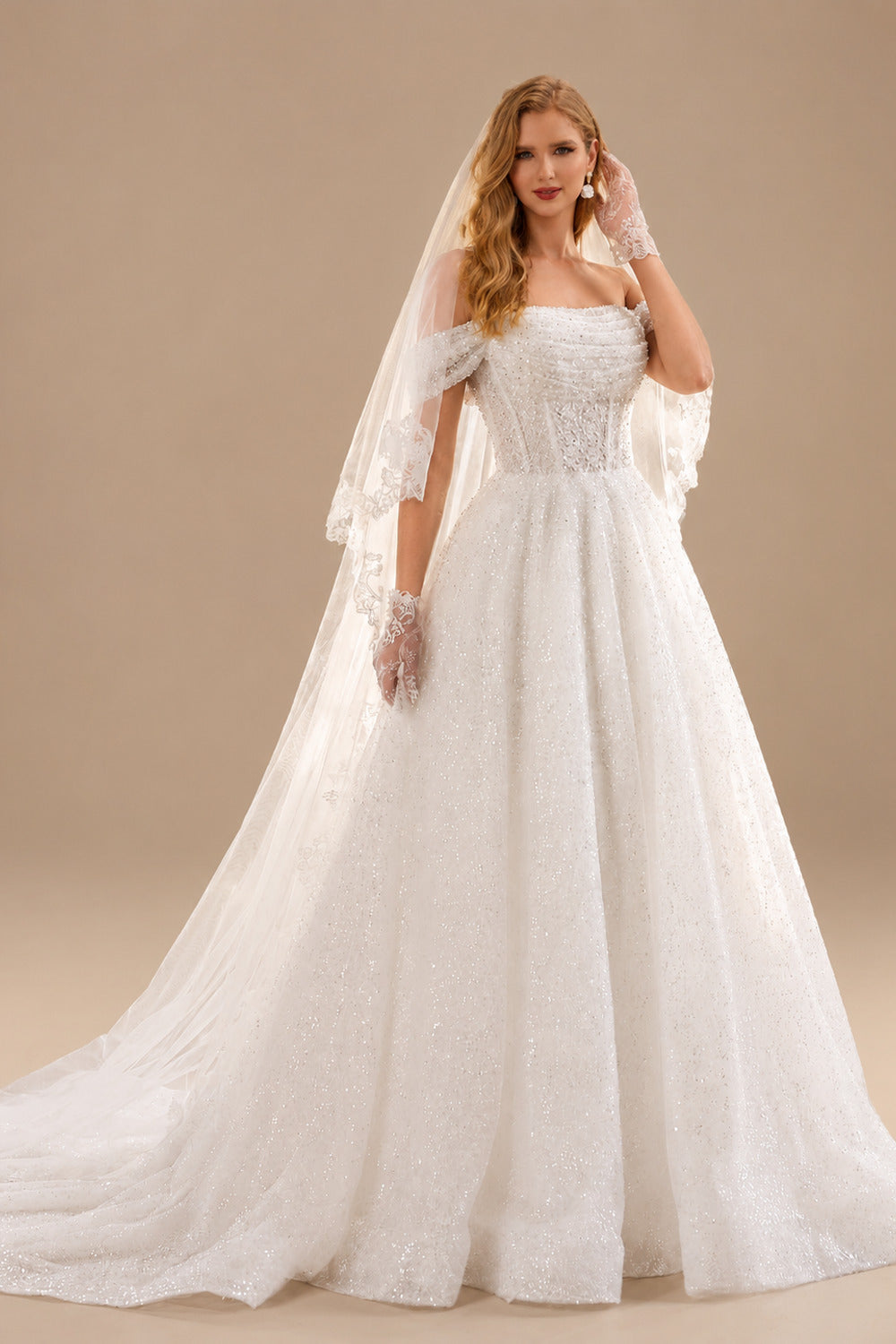Rutipo White Ball-Gown Off-The-Shoulder Sleeveless Sweep Train Sequined Wedding Dresses