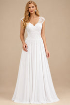 Rutipo White A-Line V-Neck Sleeveless Chiffon Wedding Dresses With Lace