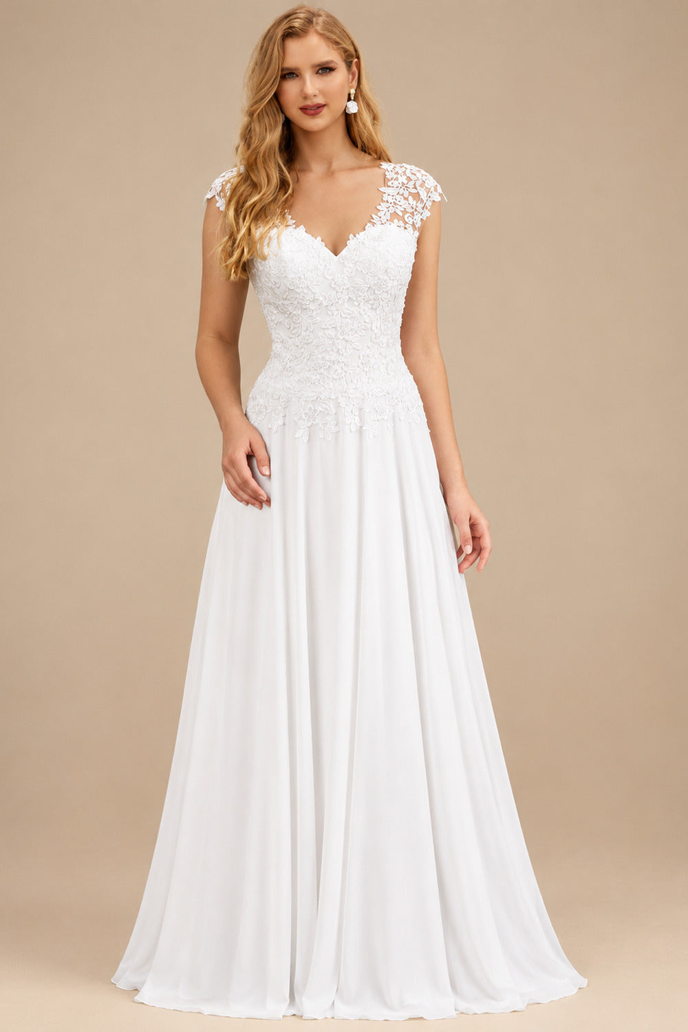 Rutipo White A-Line V-Neck Sleeveless Chiffon Wedding Dresses With Lace