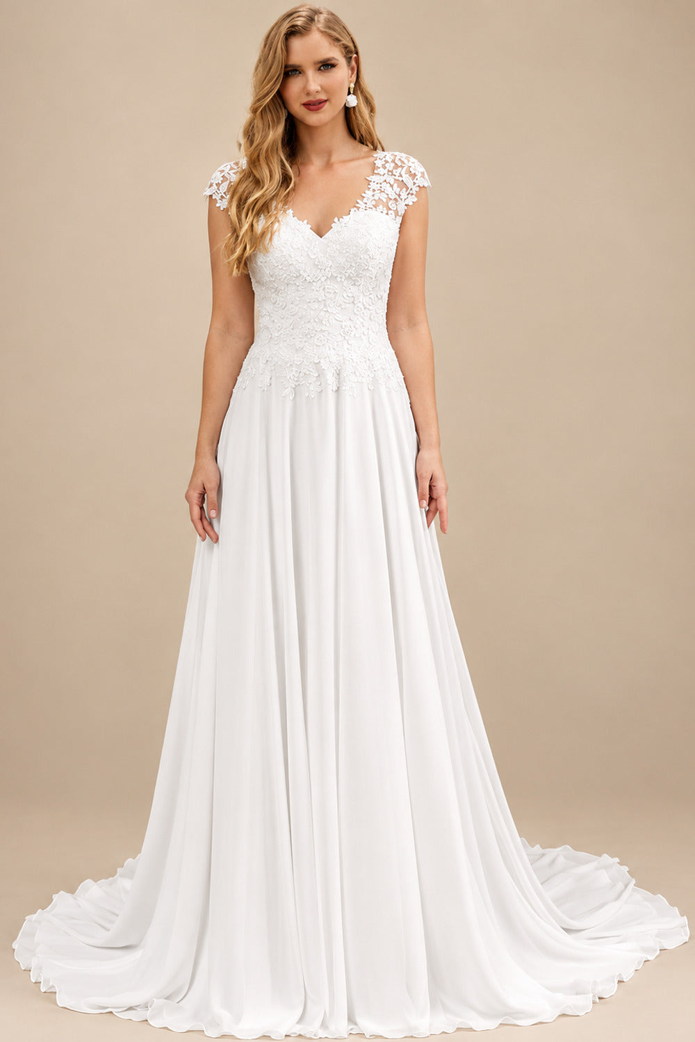 Rutipo White A-Line V-Neck Sleeveless Chiffon Wedding Dresses With Lace