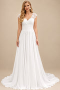 Rutipo White A-Line V-Neck Sleeveless Chiffon Wedding Dresses With Lace