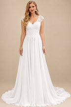 Rutipo White A-Line V-Neck Sleeveless Chiffon Wedding Dresses With Lace