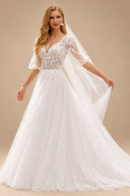 Rutipo White Ball-Gown V-Neck 1/2 Sleeves Lace/Tulle Wedding Dresses With Sequins/Appliques Lace