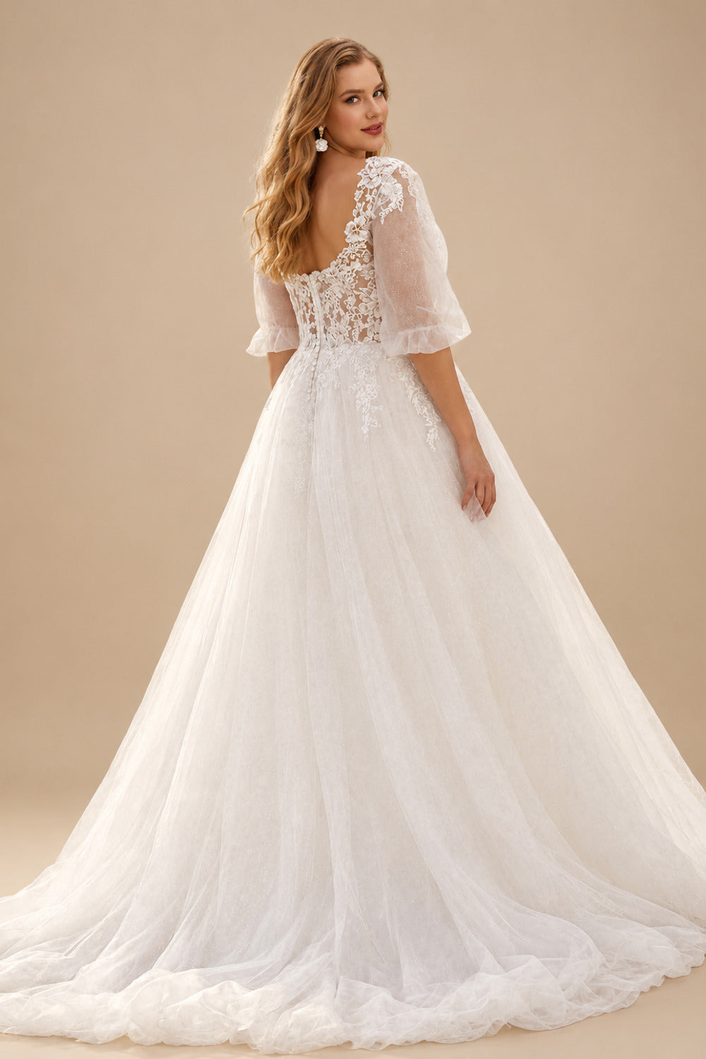 Rutipo White Ball-Gown V-Neck 1/2 Sleeves Lace/Tulle Wedding Dresses With Sequins/Appliques Lace