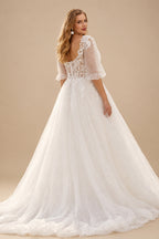 Rutipo White Ball-Gown V-Neck 1/2 Sleeves Lace/Tulle Wedding Dresses With Sequins/Appliques Lace