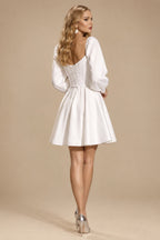 Rutipo White A-Line Sweetheart Long Sleeves Knee-Length Satin Wedding Dresses