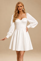 Rutipo White A-Line Sweetheart Long Sleeves Knee-Length Satin Wedding Dresses