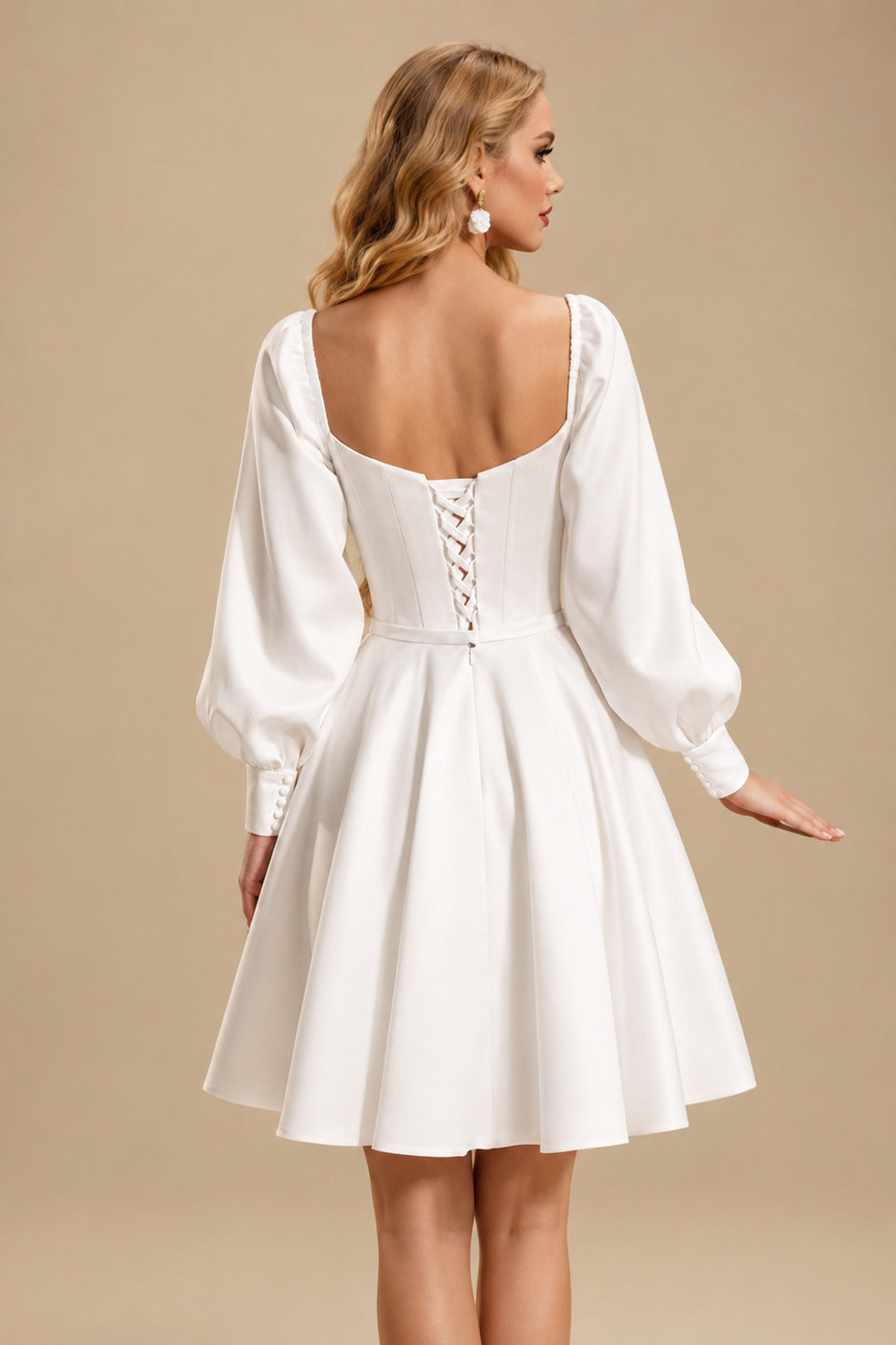 Rutipo White A-Line Sweetheart Long Sleeves Knee-Length Satin Wedding Dresses