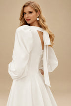 Rutipo Ivory A-Line Square Neckline Long Sleeves Ankle-Length Satin Wedding Dresses With Bow(s)