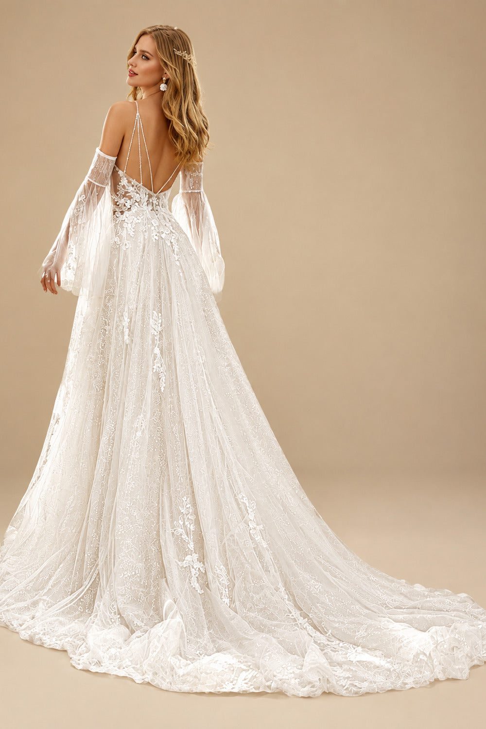 Rutipo Ivory A-Line Sweetheart Court Train Wedding Dresses With Appliques Lace