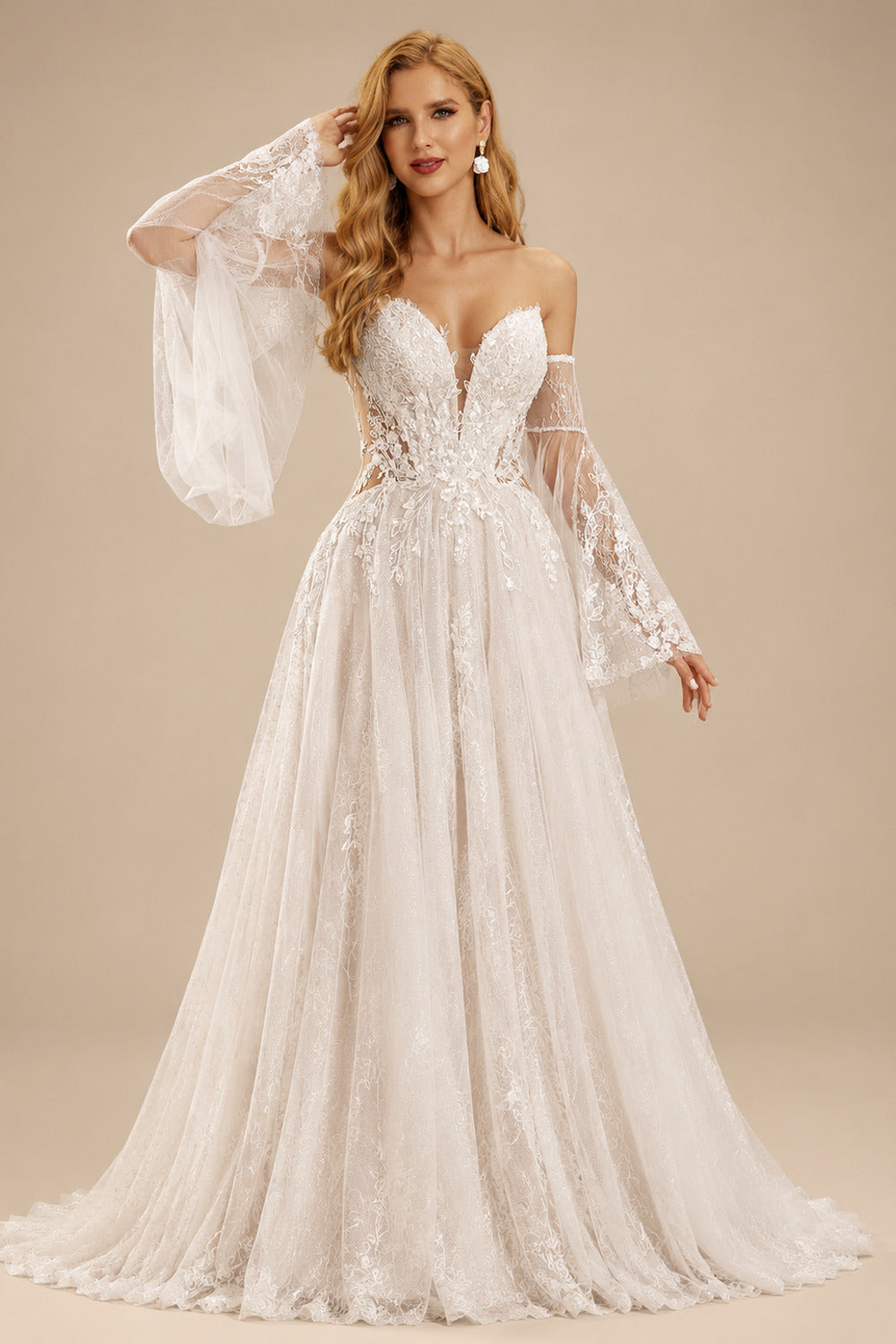 Rutipo Ivory A-Line Sweetheart Court Train Wedding Dresses With Appliques Lace