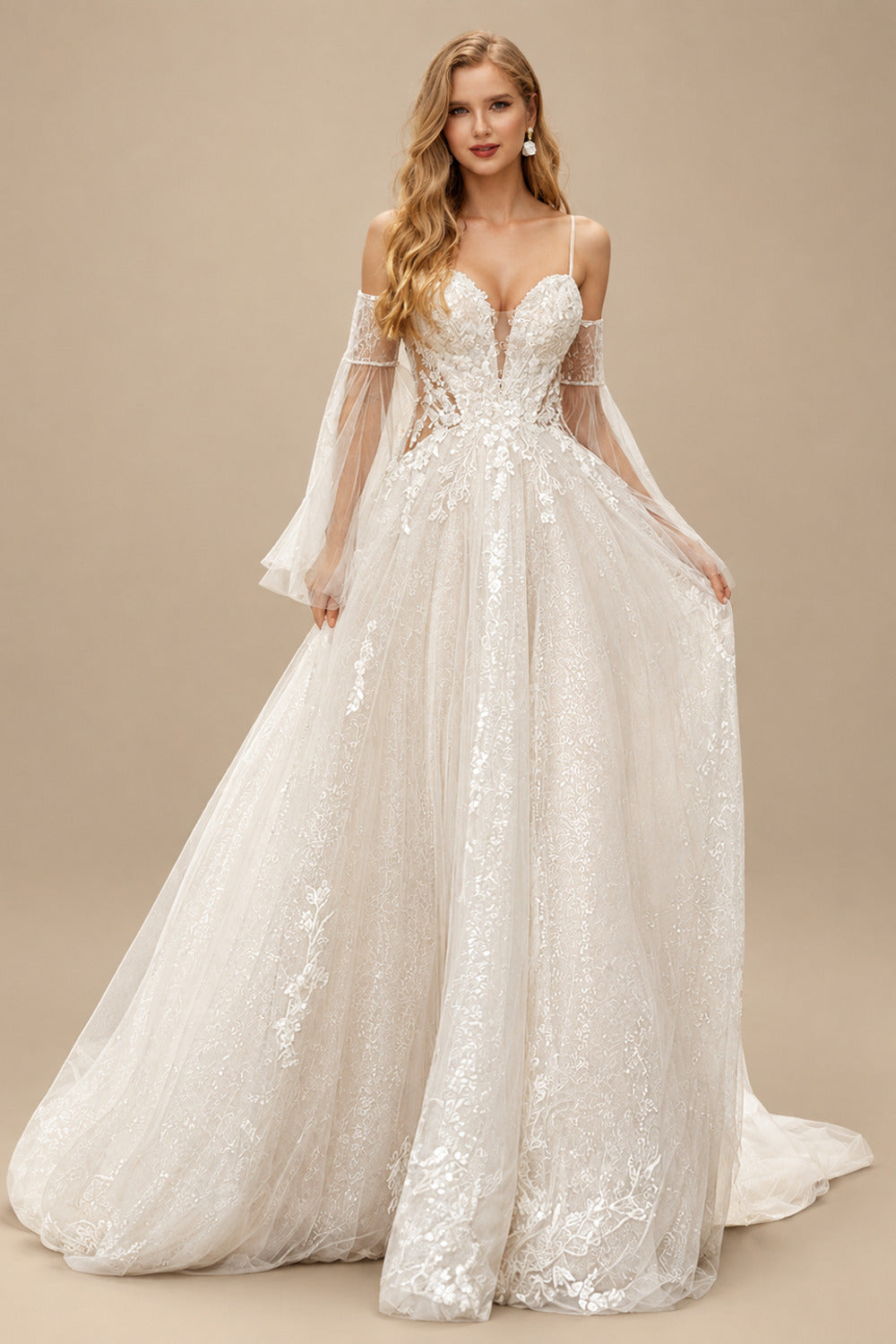 Rutipo Ivory A-Line Sweetheart Court Train Wedding Dresses With Appliques Lace