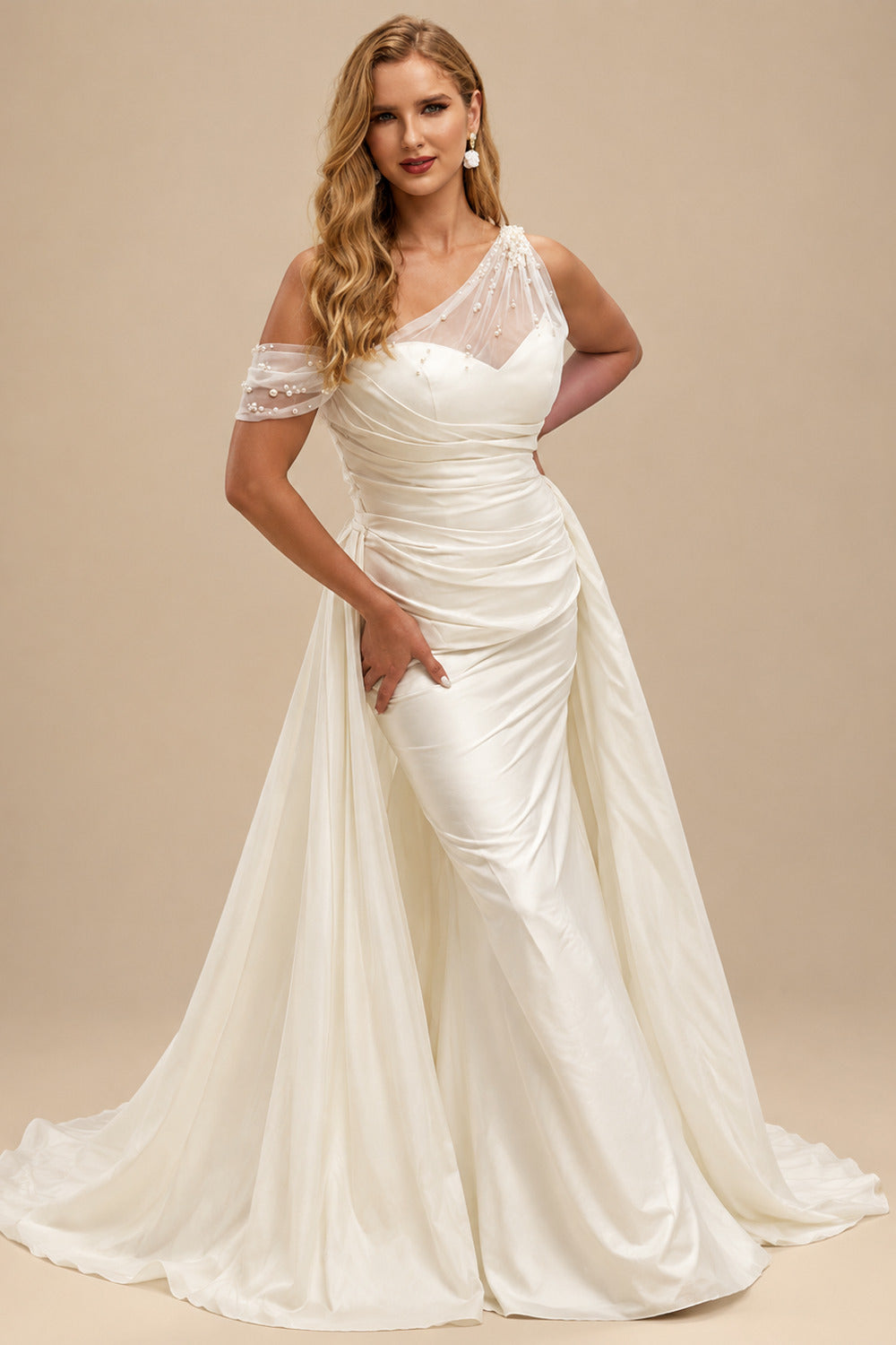 Rutipo Ivory Sheath/Column Asymmetrical Detachable Satin Wedding Dresses With Beading