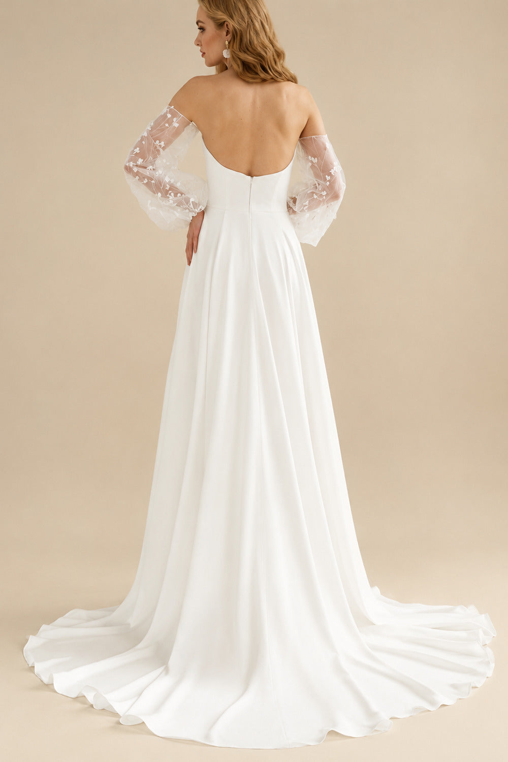 Rutipo Ivory A-Line Off-The-Shoulder Long Sleeves Wedding Dresses With Split Front