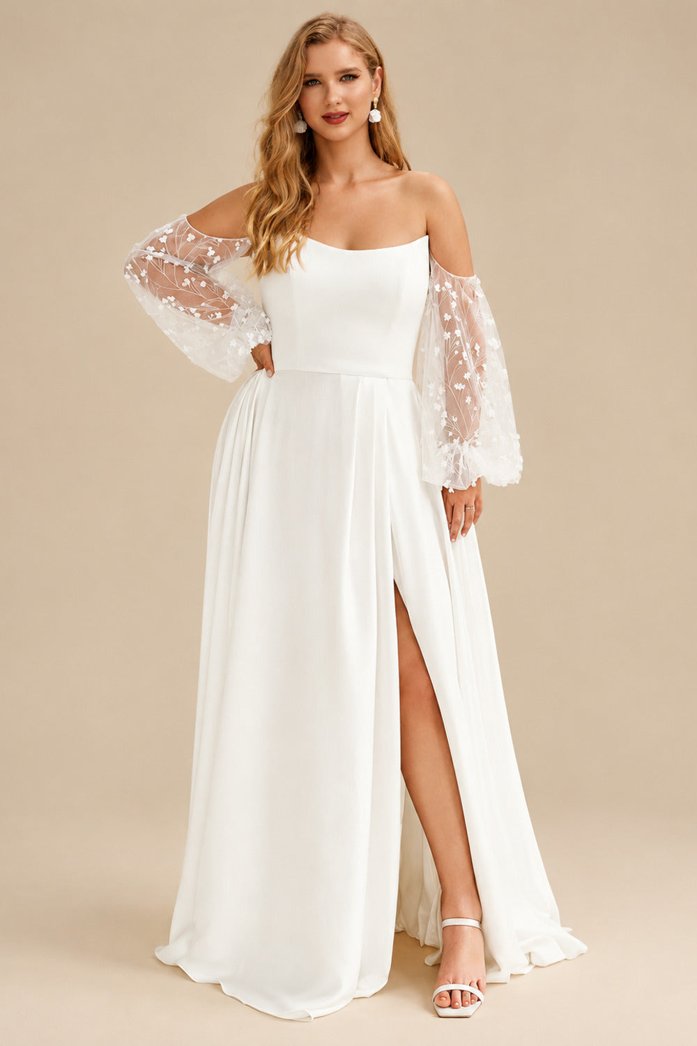 Rutipo Ivory A-Line Off-The-Shoulder Long Sleeves Wedding Dresses With Split Front