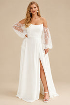 Rutipo Ivory A-Line Off-The-Shoulder Long Sleeves Wedding Dresses With Split Front