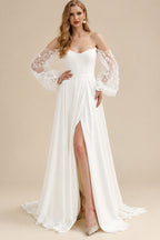 Rutipo Ivory A-Line Off-The-Shoulder Long Sleeves Wedding Dresses With Split Front