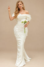 Rutipo Ivory Sheath/Column Off-The-Shoulder Sleeveless Satin Wedding Dresses With Bow(s)