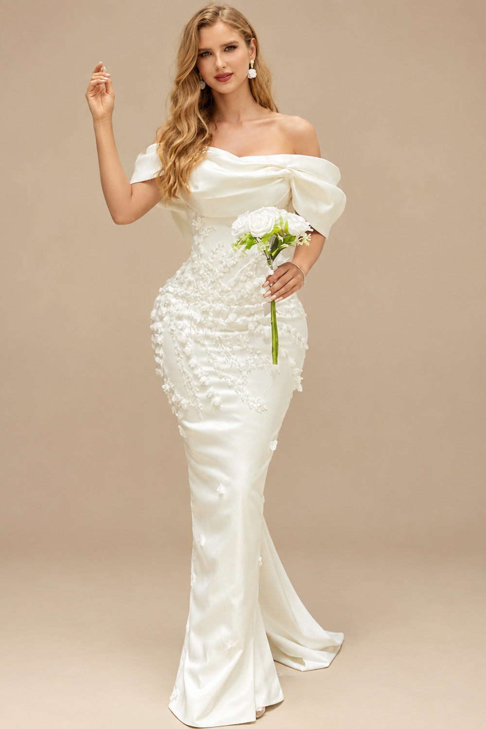 Rutipo Ivory Sheath/Column Off-The-Shoulder Sleeveless Satin Wedding Dresses With Bow(s)