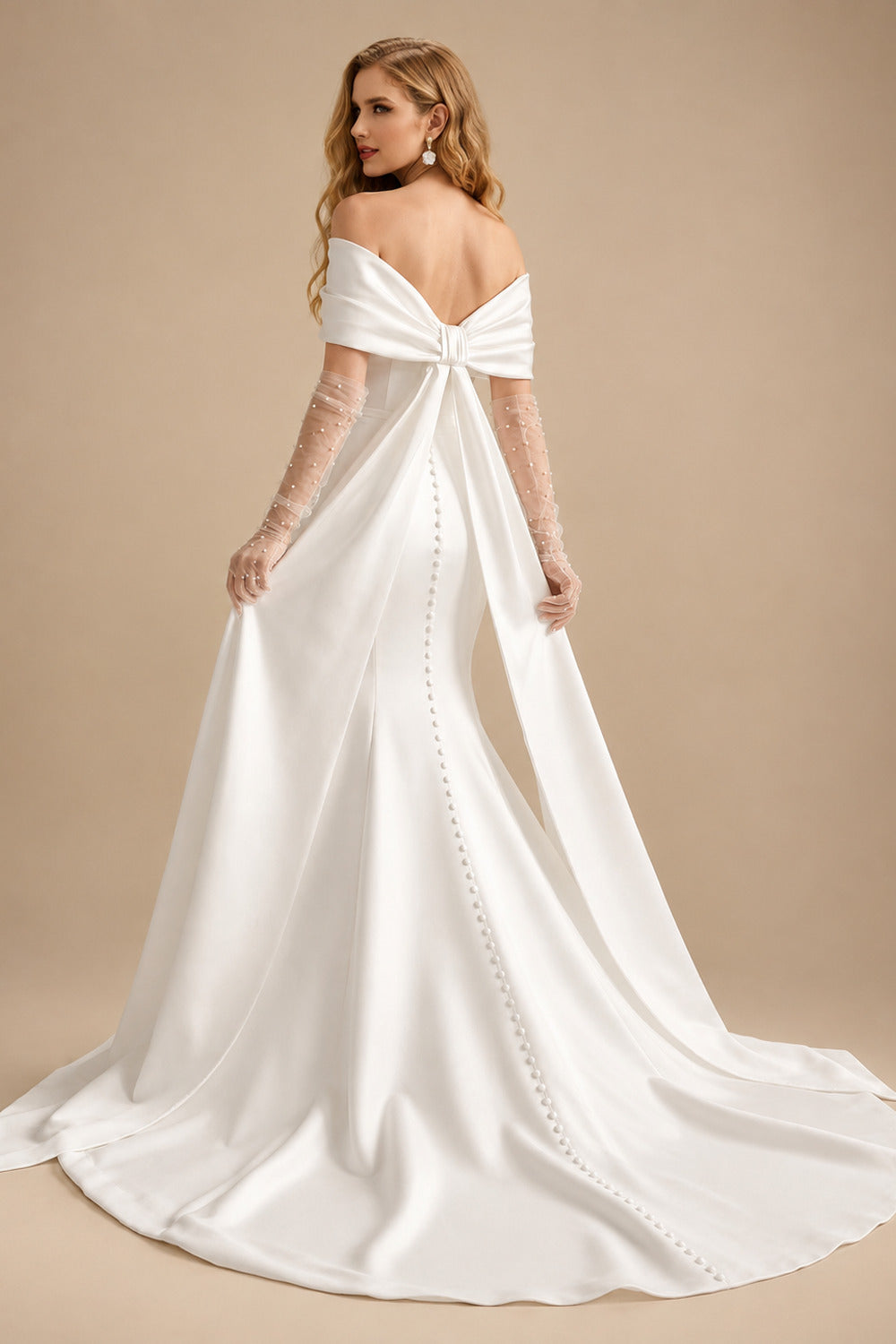 Rutipo Ivory Trumpet/Mermaid Off-The-Shoulder Sleeveless Satin Wedding Dresses With Bow(s)