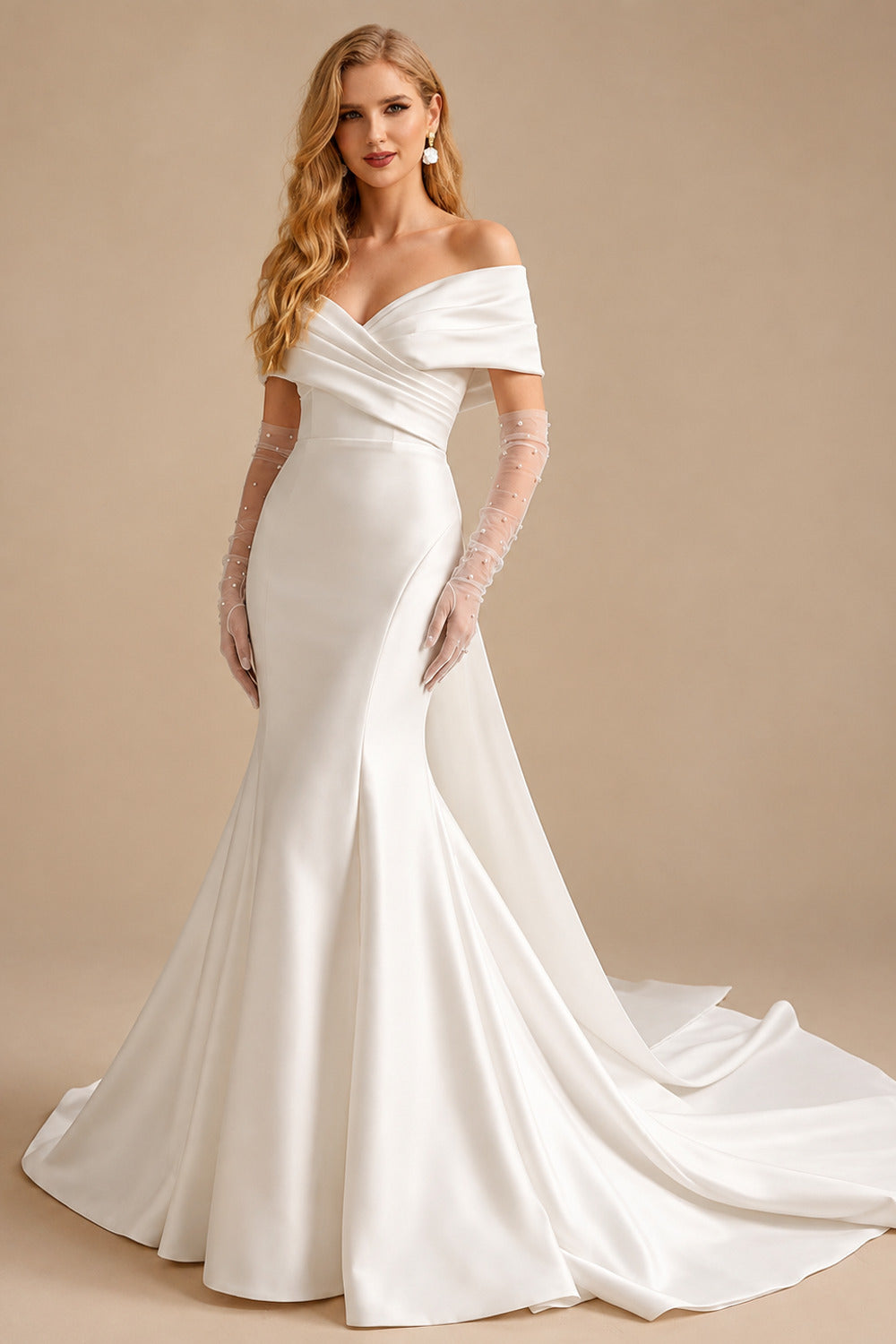 Rutipo Ivory Trumpet/Mermaid Off-The-Shoulder Sleeveless Satin Wedding Dresses With Bow(s)