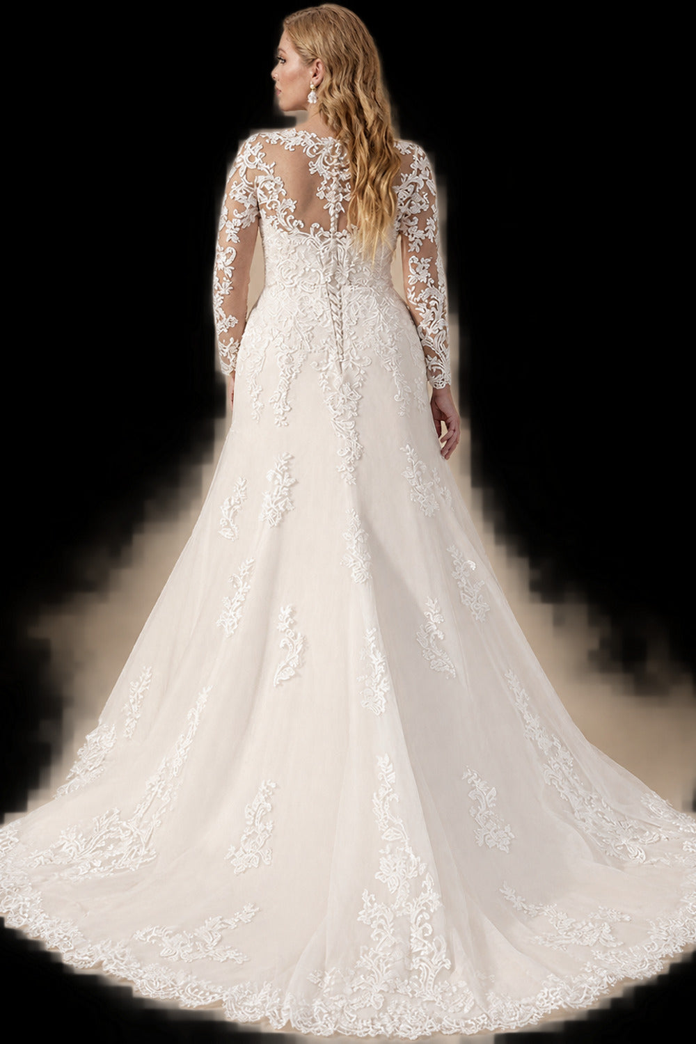 Rutipo Ivory A-Line V-Neck Long Sleeves Sweep Train Lace Wedding Dresses
