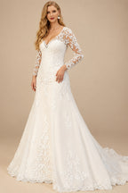 Rutipo Ivory A-Line V-Neck Long Sleeves Sweep Train Lace Wedding Dresses