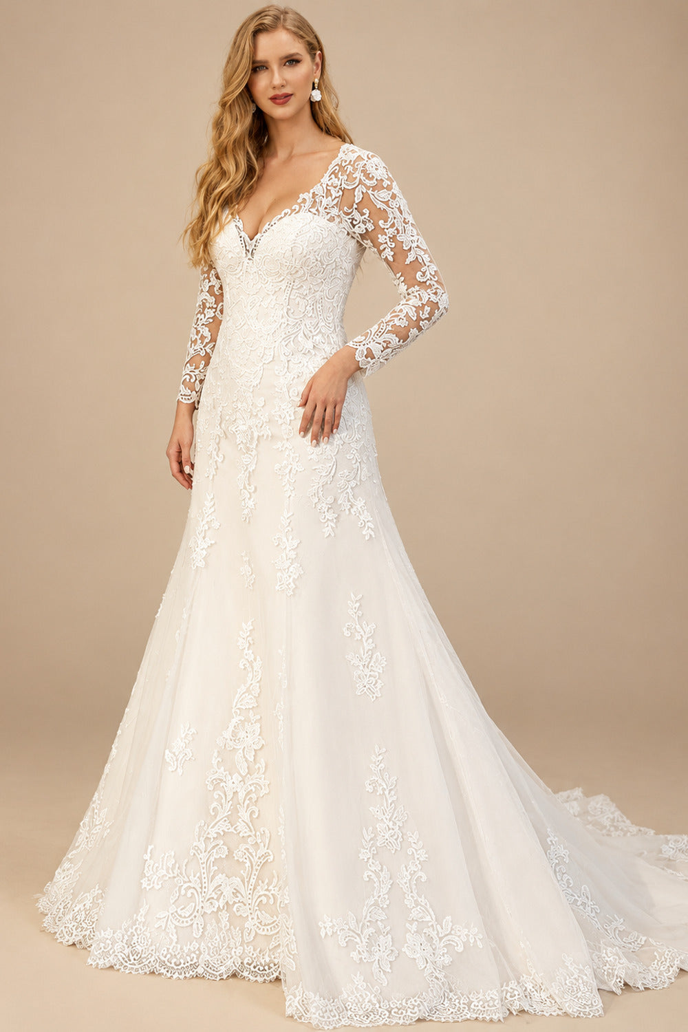 Rutipo Ivory A-Line V-Neck Long Sleeves Sweep Train Lace Wedding Dresses