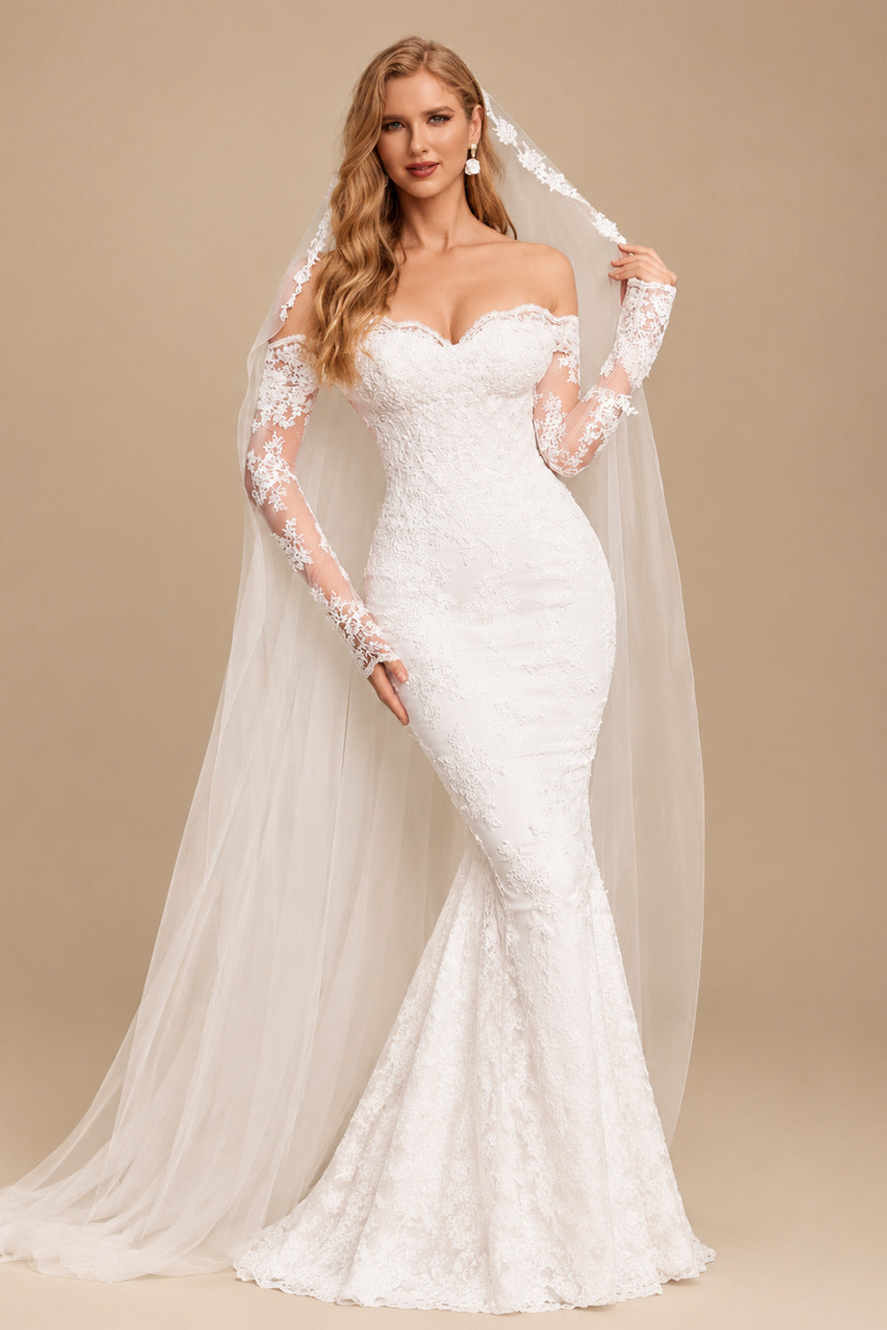 Rutipo Ivory Trumpet/Mermaid Off-The-Shoulder Long Sleeves Lace Wedding Dresses