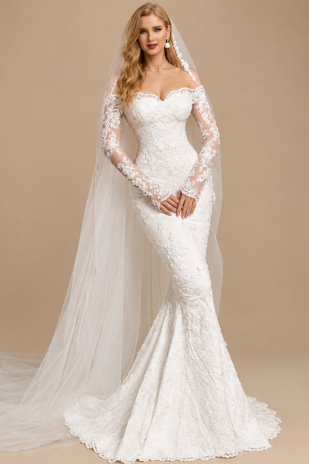 Rutipo Ivory Trumpet/Mermaid Off-The-Shoulder Long Sleeves Lace Wedding Dresses
