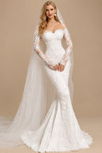 Rutipo Ivory Trumpet/Mermaid Off-The-Shoulder Long Sleeves Lace Wedding Dresses