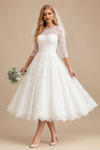 Rutipo Ivory A-Line Illusion Neck 1/2 Sleeves Tea-Length Lace Wedding Dresses