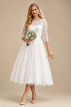 Rutipo Ivory A-Line Illusion Neck 1/2 Sleeves Tea-Length Lace Wedding Dresses