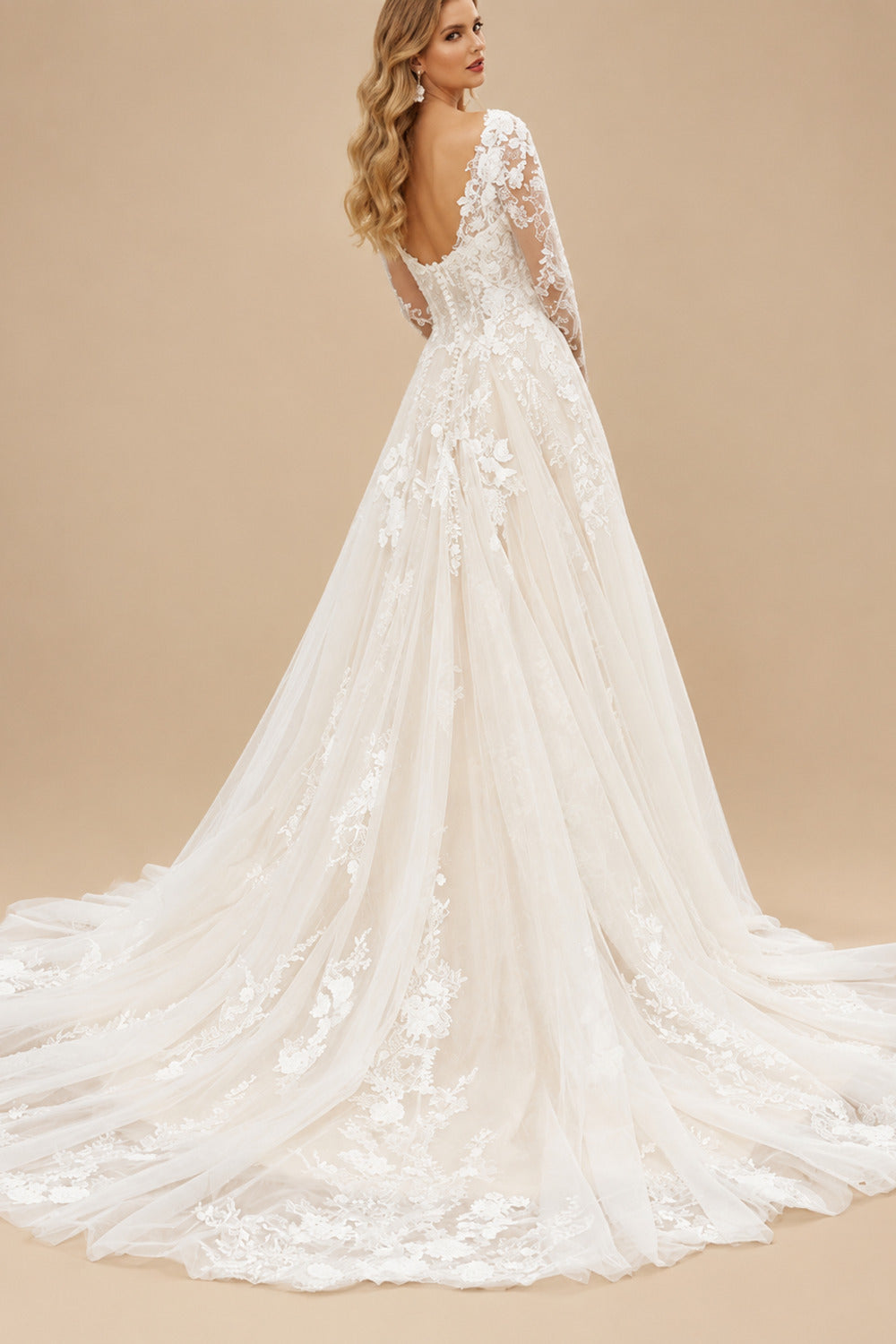 Rutipo As Picture A-Line Sweetheart Long Sleeves Sweep Train Lace/Tulle Wedding Dresses