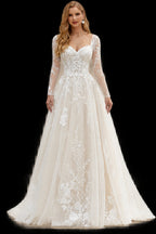 Rutipo As Picture A-Line Sweetheart Long Sleeves Sweep Train Lace/Tulle Wedding Dresses