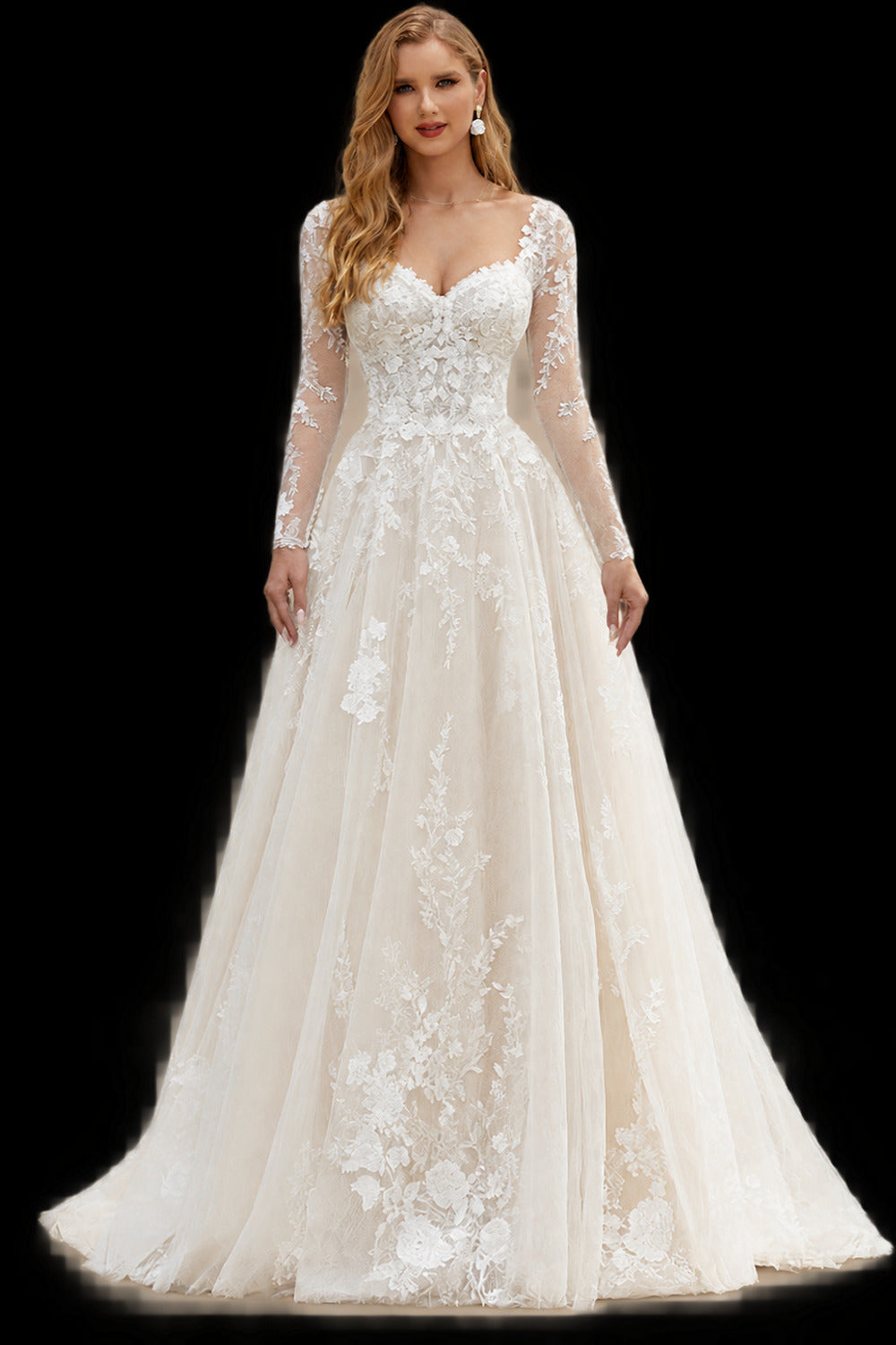 Rutipo As Picture A-Line Sweetheart Long Sleeves Sweep Train Lace/Tulle Wedding Dresses