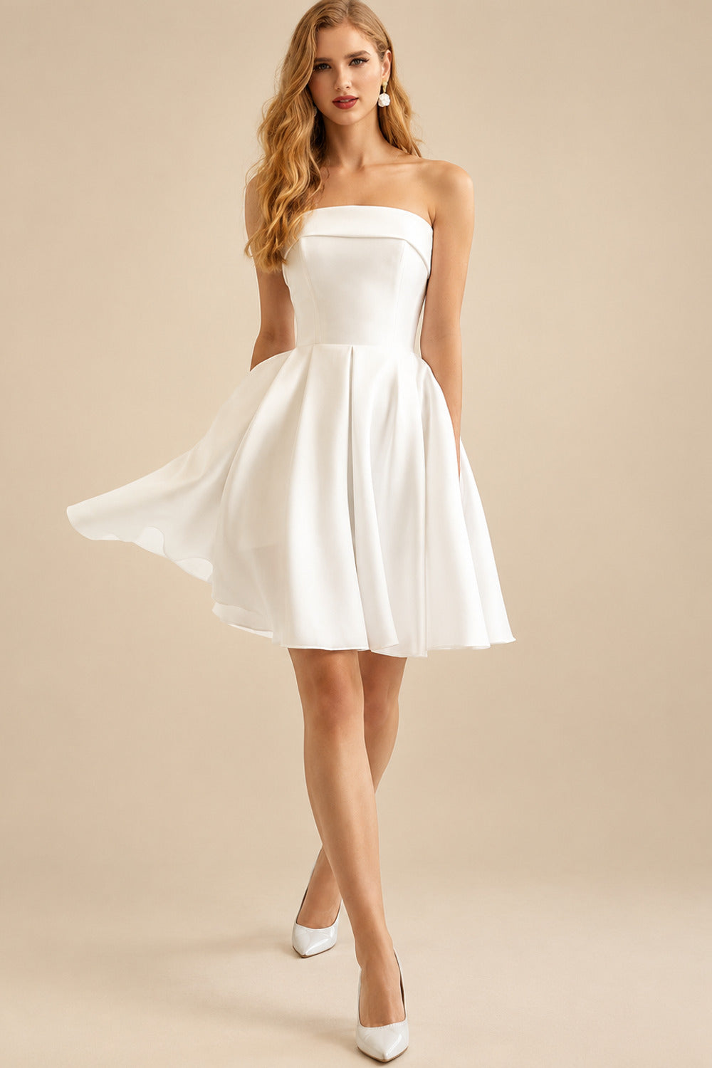 Rutipo Ivory A-Line Strapless Sleeveless Short/Mini Satin Wedding Dresses