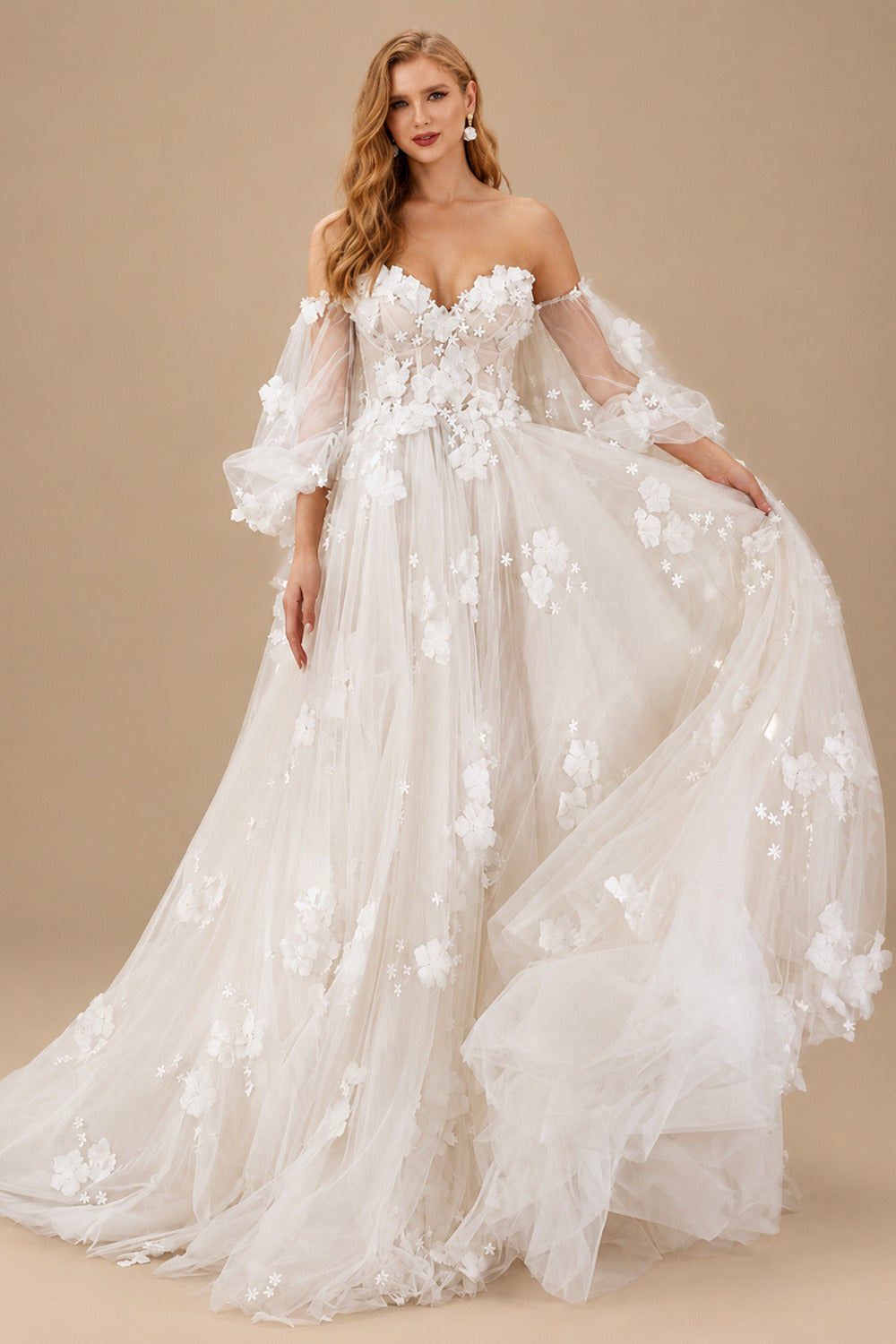 Rutipo Ivory A-Line Off-The-Shoulder Long Sleeves Lace/Tulle Wedding Dresses