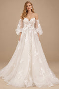 Rutipo Ivory A-Line Off-The-Shoulder Long Sleeves Lace/Tulle Wedding Dresses