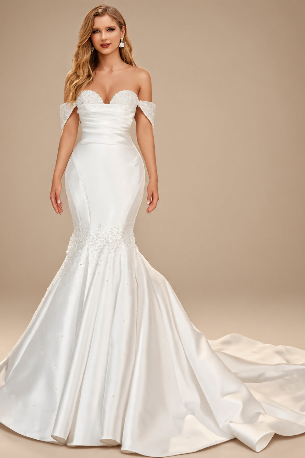 Rutipo Ivory Trumpet/Mermaid Sweetheart Sleeveless Satin Wedding Dresses With Beading