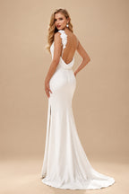 Rutipo White Sheath/Column Italian Satin Wedding Dresses With Flower(s)/High Split