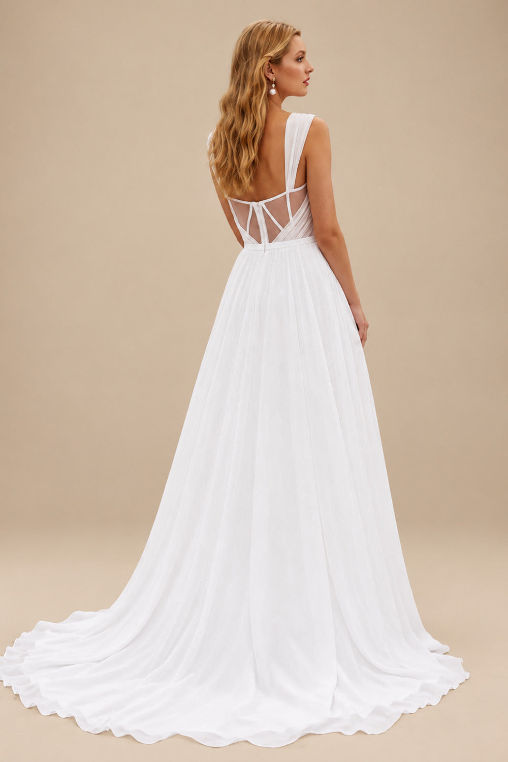 Rutipo White A-Line Square Neckline Sleeveless Chiffon Wedding Dresses With High Split