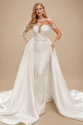 Rutipo Ivory Sheath/Column Illusion Neck Long Sleeves Lace/Satin Wedding Dresses