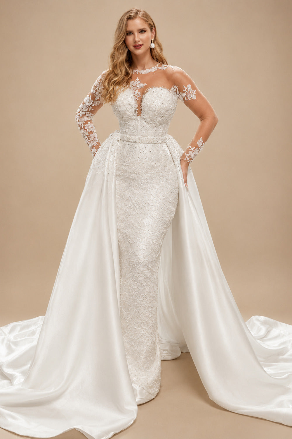Rutipo Ivory Sheath/Column Illusion Neck Long Sleeves Lace/Satin Wedding Dresses