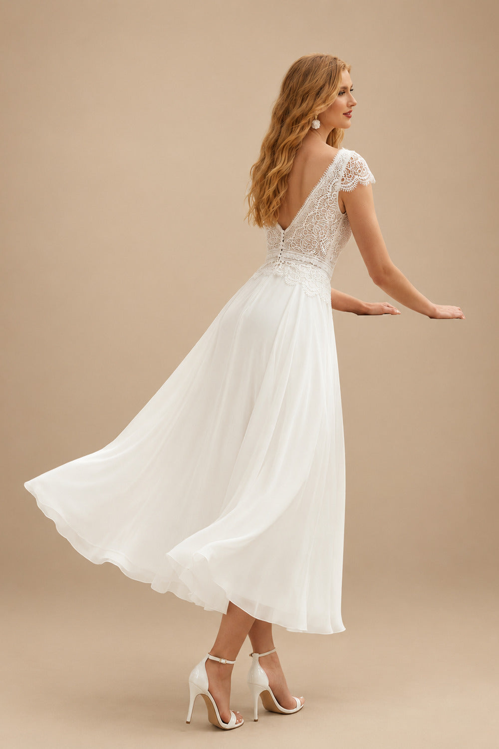 Rutipo Ivory A-Line V-Neck Sleeveless Tea-Length Chiffon/Lace Wedding Dresses