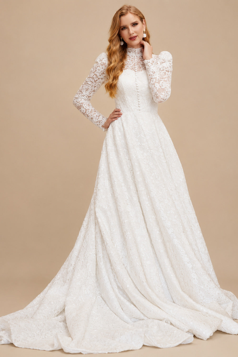 Rutipo Ivory A-Line High Neck Long Sleeves Lace Wedding Dresses With Beading