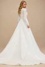 Rutipo Ivory A-Line High Neck Long Sleeves Lace Wedding Dresses With Beading