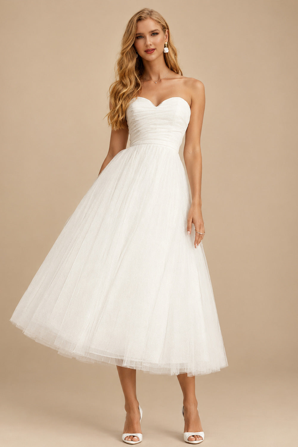 Rutipo Ivory A-Line Sweetheart Sleeveless Tea-Length Tulle Wedding Dresses