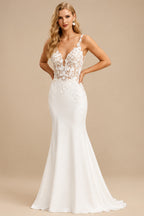 Rutipo Ivory Sheath/Column V-Neck Sleeveless Court Train Lace Wedding Dresses