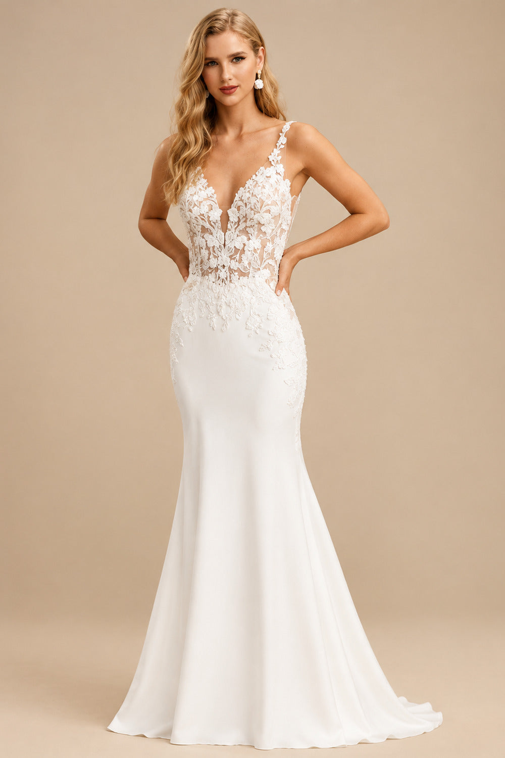 Rutipo Ivory Sheath/Column V-Neck Sleeveless Court Train Lace Wedding Dresses